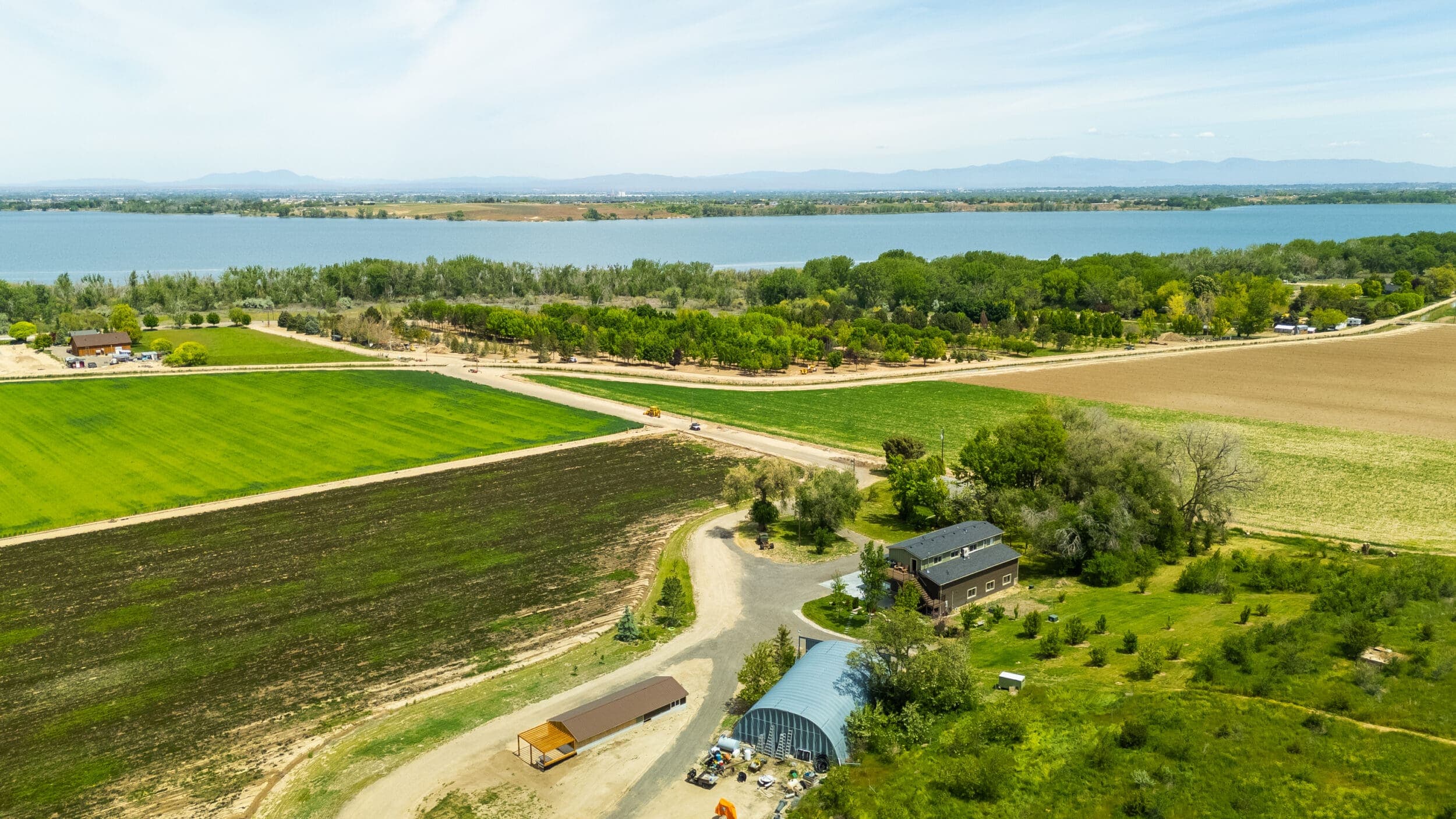 Aerial view of agricultural fields and irrigation infrastructure in southern Idaho