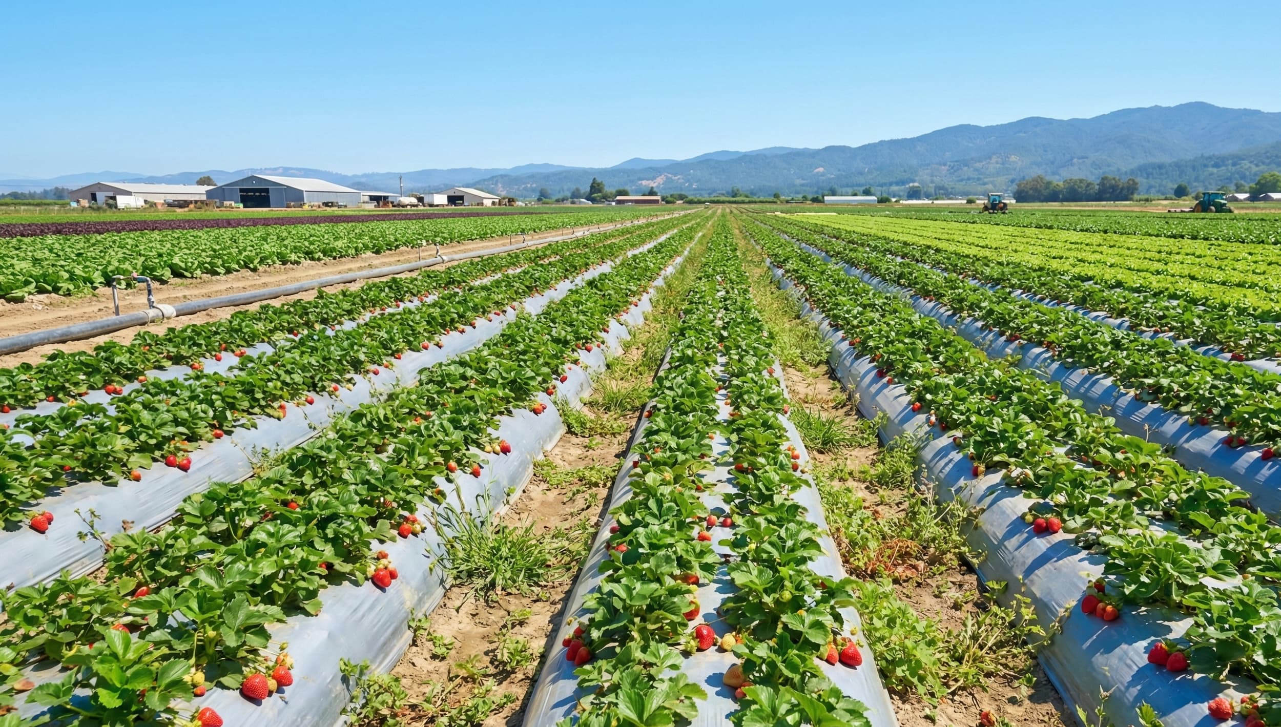 Rows of strawberry plants in a cultivated field
